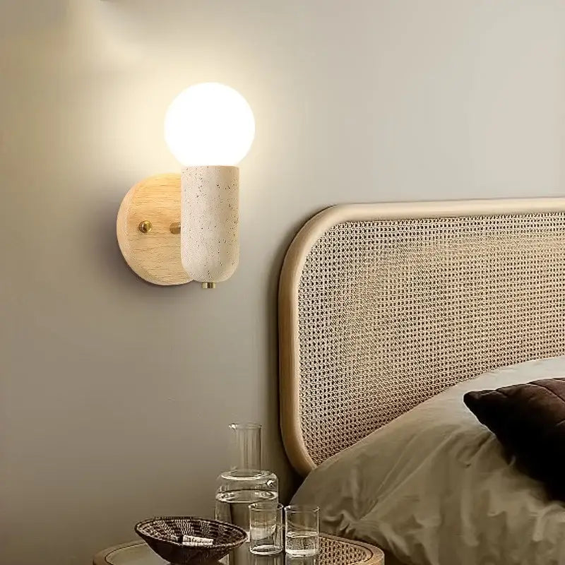 Minimalist wood and yellow travertine led wall sconce bedroom light