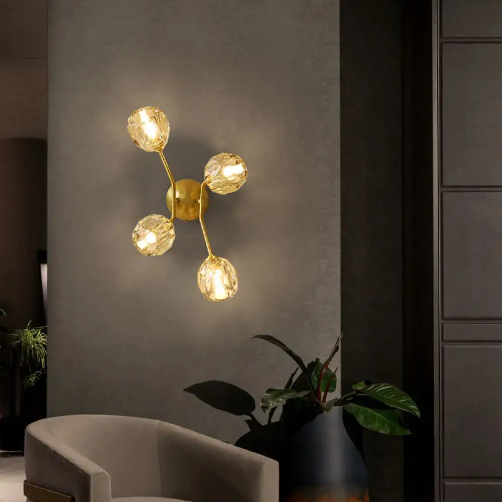 Minimalistic brass branch wall light with frosted glass for bedroom