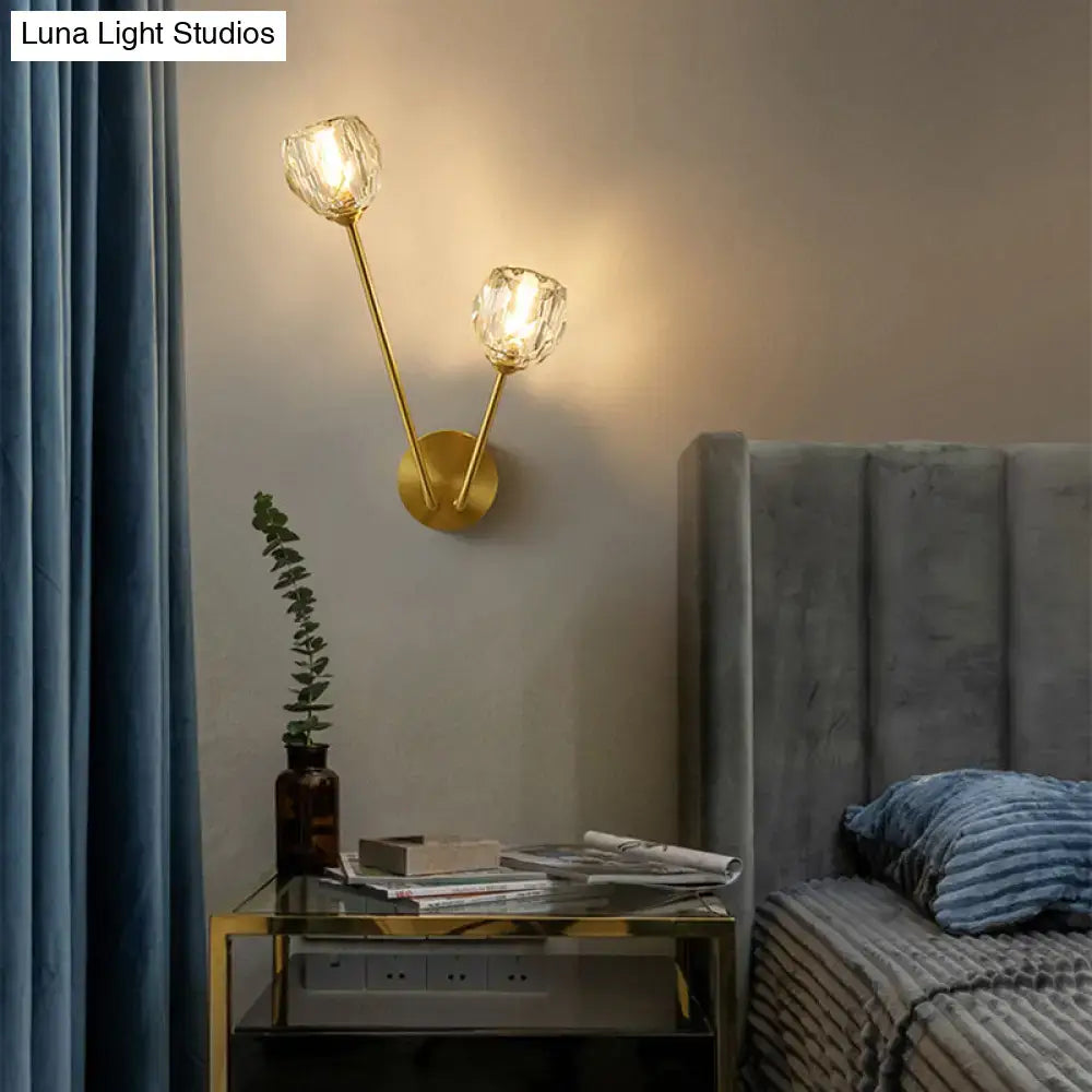 Minimalistic brass branch wall light with frosted glass for bedroom