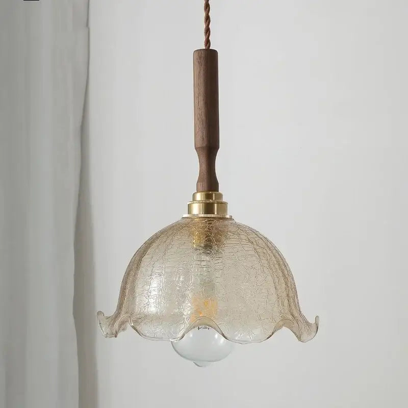 DecorBites™ Amber Glass LED Pendant Lamp with Walnut Wood Accent - Modern Nordic Hanging Light