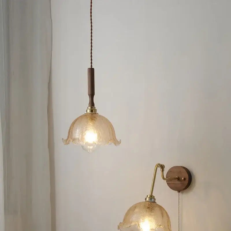 DecorBites™ Amber Glass LED Pendant Lamp with Walnut Wood Accent - Modern Nordic Hanging Light