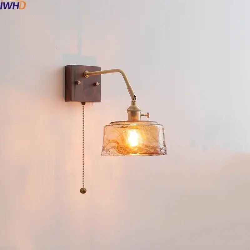 Modern amber glass led wall sconce bedroom brass pull chain light