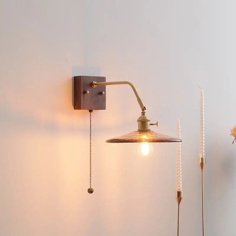 Modern amber glass led wall sconce bedroom brass pull chain light