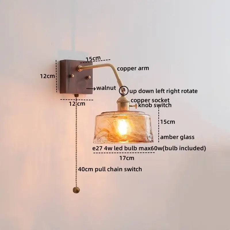 Modern amber glass led wall sconce bedroom brass pull chain light