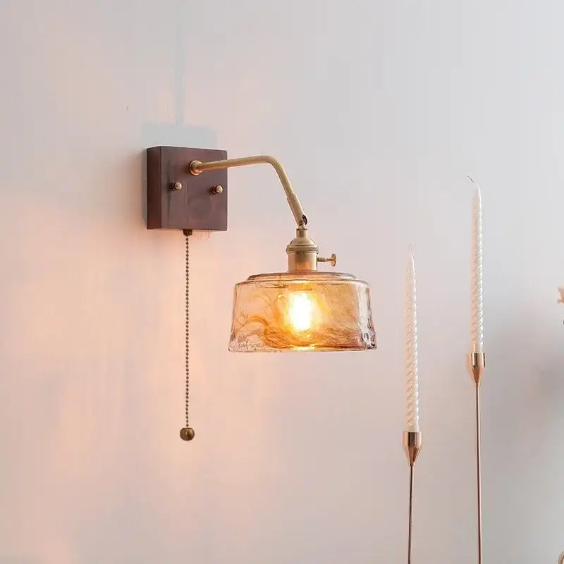 Modern amber glass led wall sconce bedroom brass pull chain light