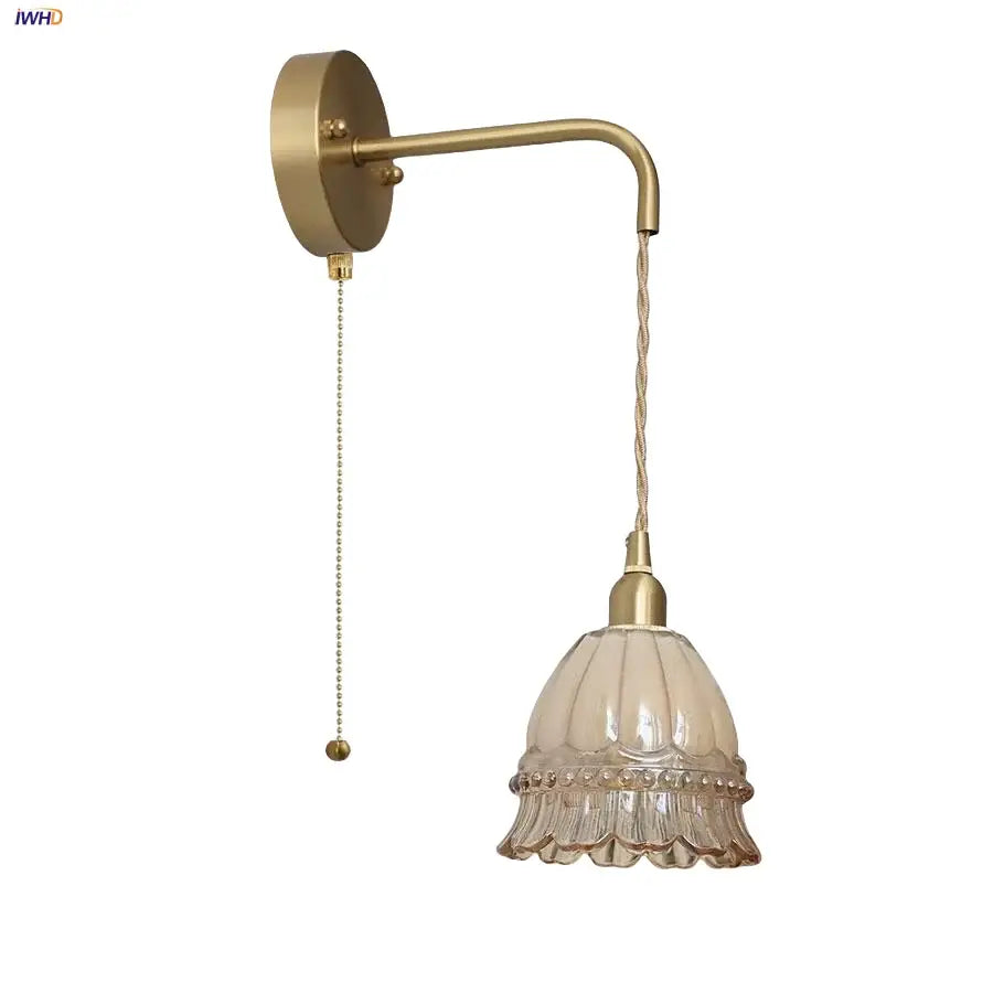 Modern antique brass amber glass led wall light bedroom sconce