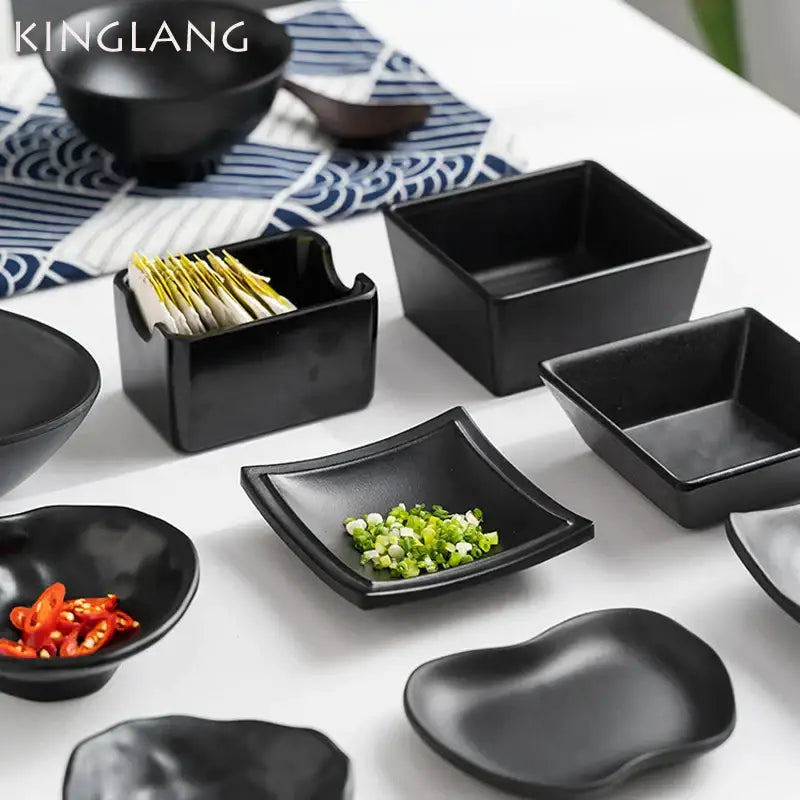 DecorBites™ Black Melamine Plastic Dipping Sauce Dish Bowl Set - Pack of 4