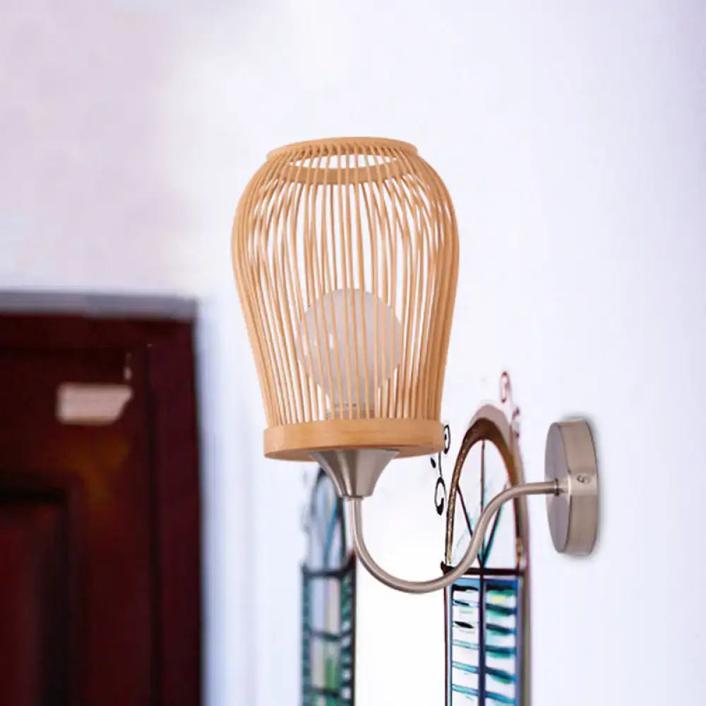 Modern bamboo cage wall sconce with metal gooseneck arm bedroom light