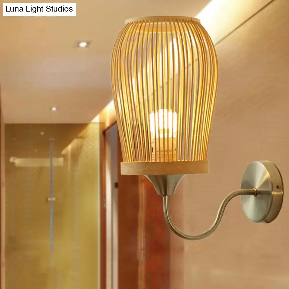 Modern bamboo cage wall sconce with metal gooseneck arm bedroom light