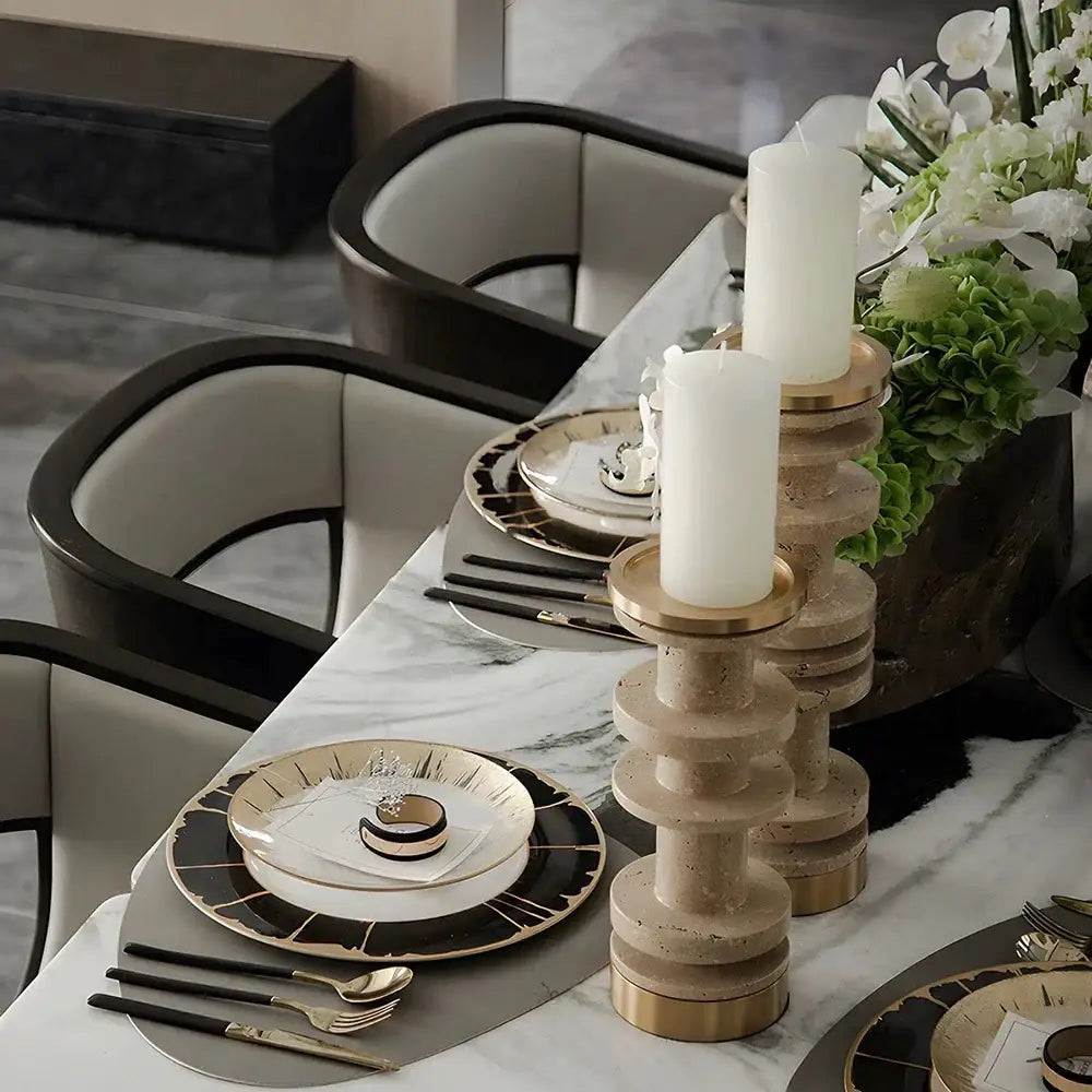 DecorBites™ Beige Brown Travertine Marble Candle Holder with Metal Base