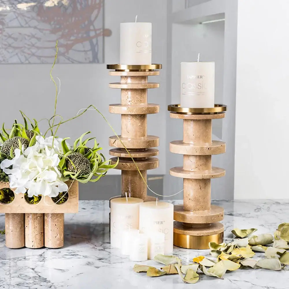 DecorBites™ Beige Brown Travertine Marble Candle Holder with Metal Base