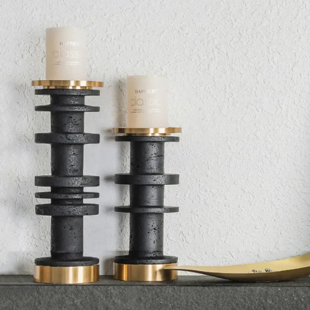 DecorBites™ Beige Brown Travertine Marble Candle Holder with Metal Base
