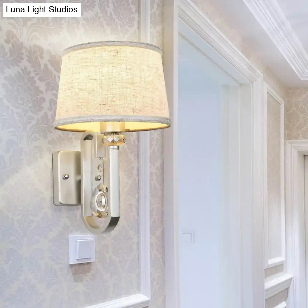 DecorBites™ Modern Round Flaxen Sconce Lamp with Crystal Accent & Nickle Swoop Arm - Wall Mount Lighting