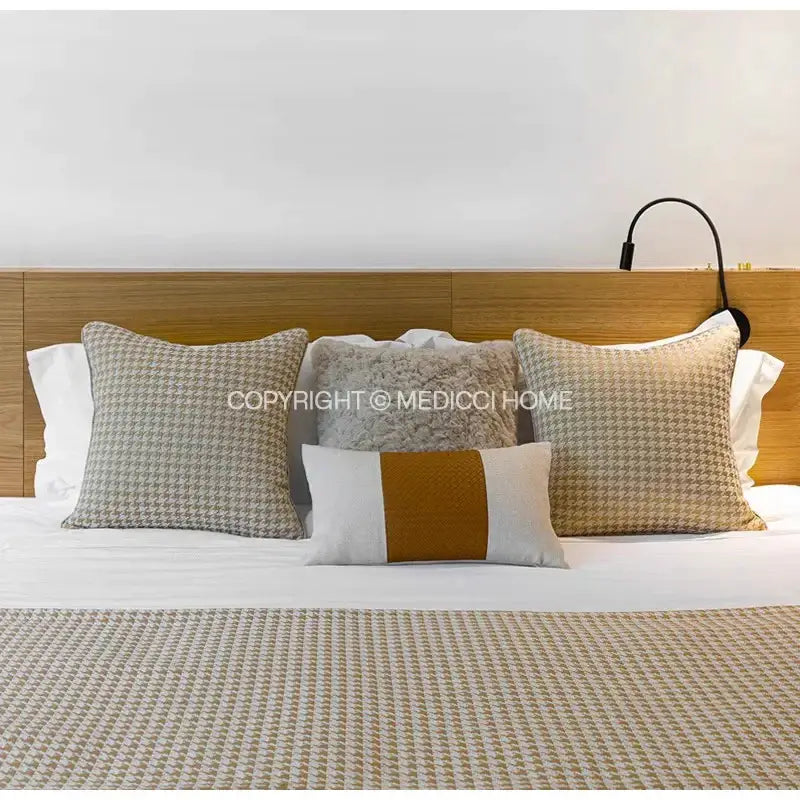 DecorBites™ Beige Gold Houndstooth Jacquard Lumbar Pillowcase for Modern Interiors