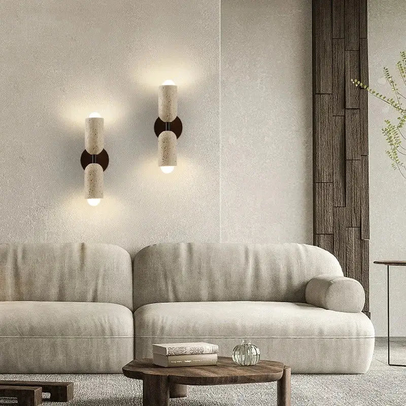 Modern beige stone and wood wall light fixture bedroom sconce