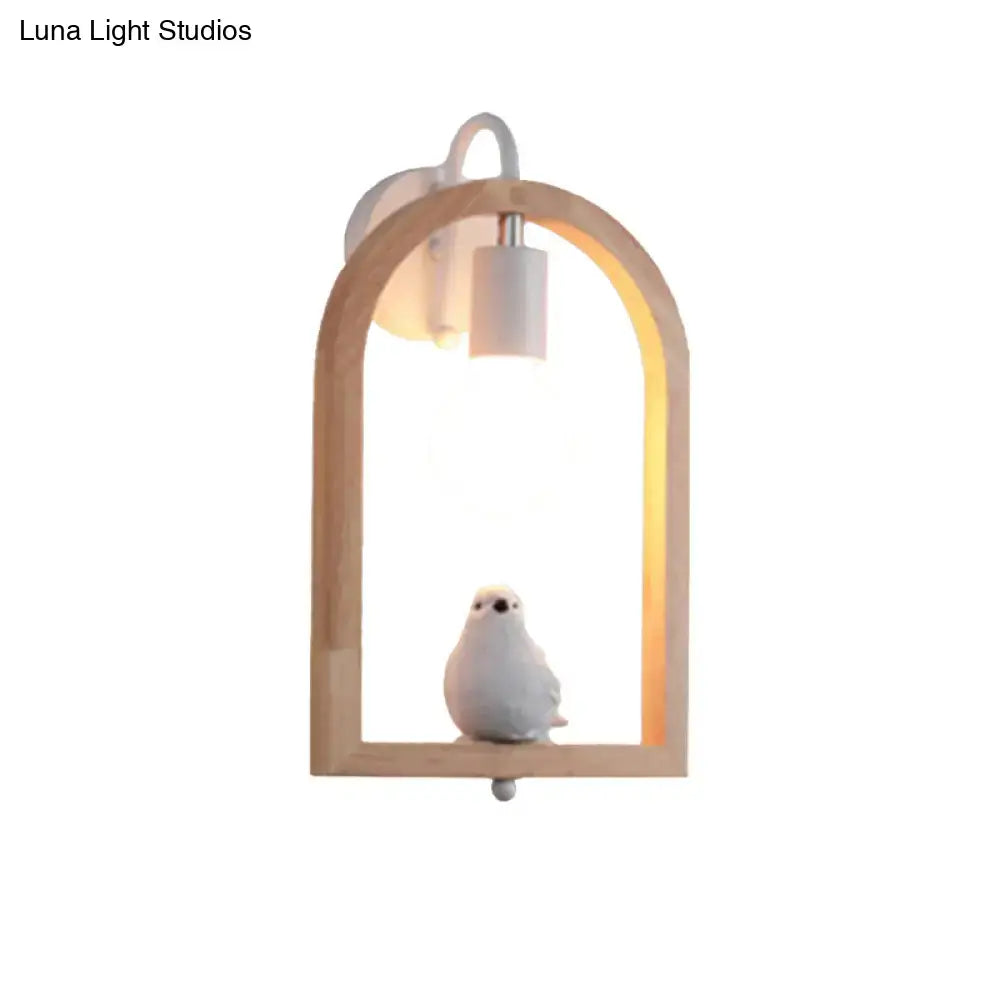 Modern beige wooden arched wall lamp with bird decor for bedroom
