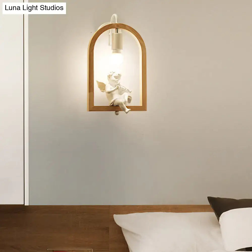 Modern beige wooden arched wall lamp with bird decor for bedroom