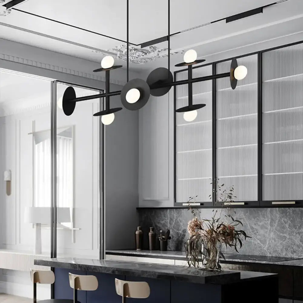 DecorBites™ Modern 8-Head Black Ceiling Light Fixture for Kitchen: White Glass Orbit Island Pendant