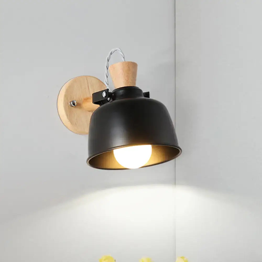 DecorBites™ Iron Macaron Handle Wall Sconce Lamp - Bowl Bedside Light Fixture in Grey/Black with Wood Top