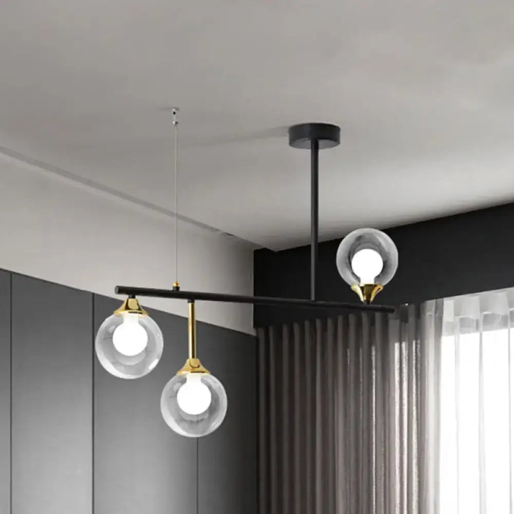 DecorBites™ Modern Black Glass Ball Island Chandelier: Triple Light Hanging Lamp for Dining Room