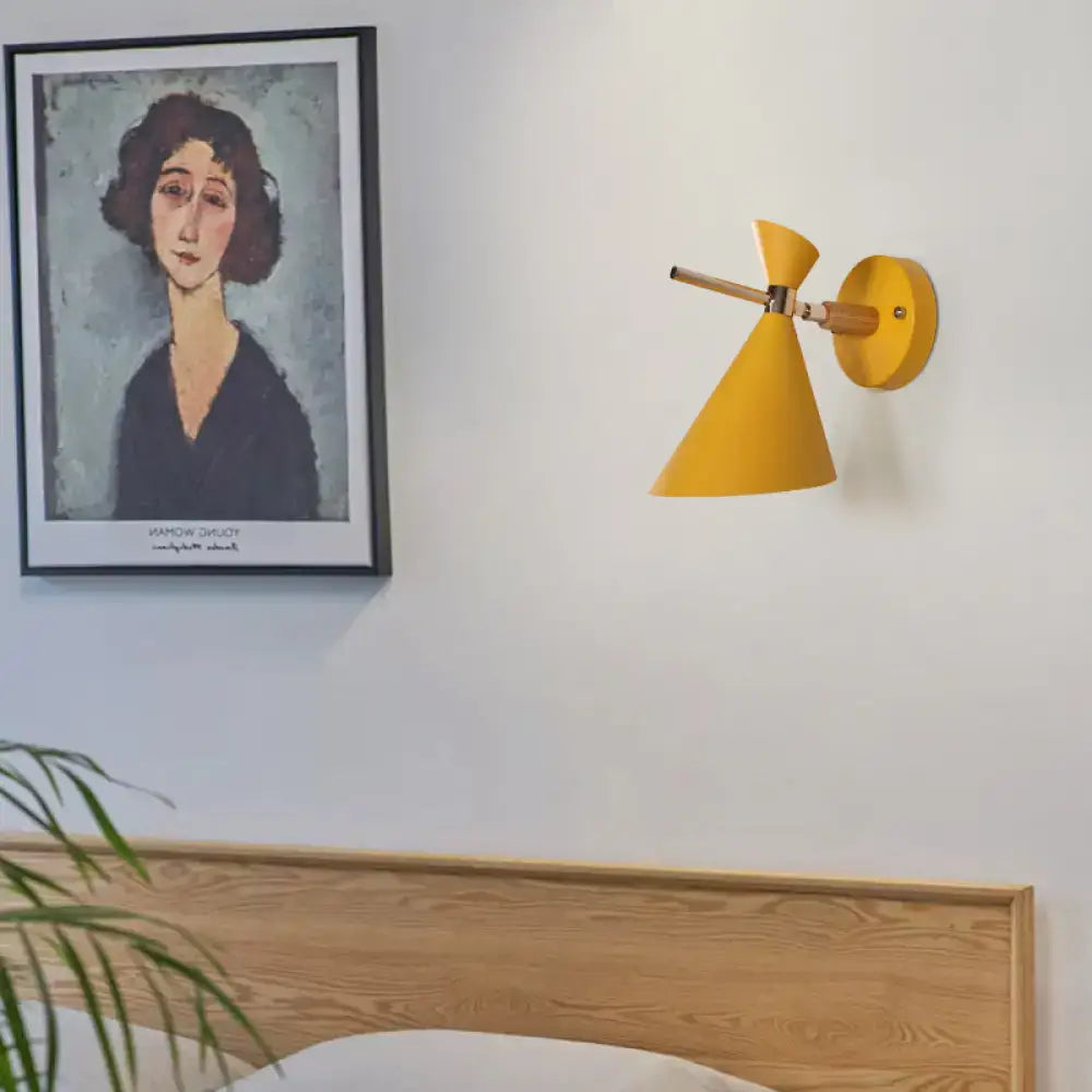 Modern black angle shade wall sconce with wood arm bedroom light