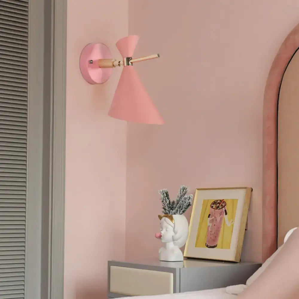 Modern black angle shade wall sconce with wood arm bedroom light