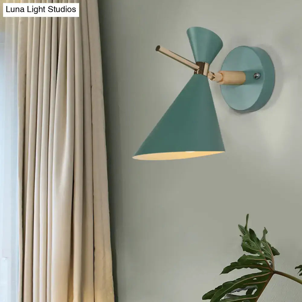 Modern black angle shade wall sconce with wood arm bedroom light