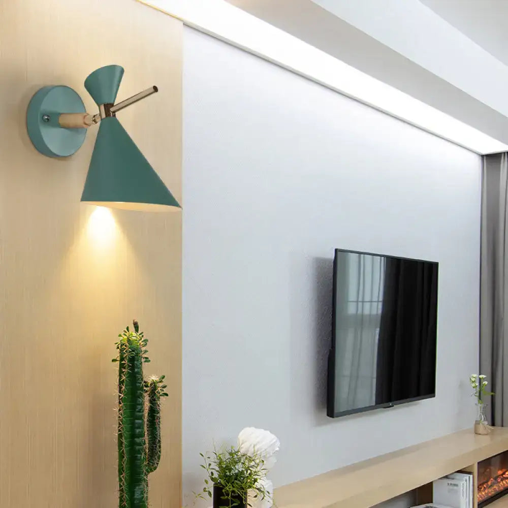 Modern black angle shade wall sconce with wood arm bedroom light