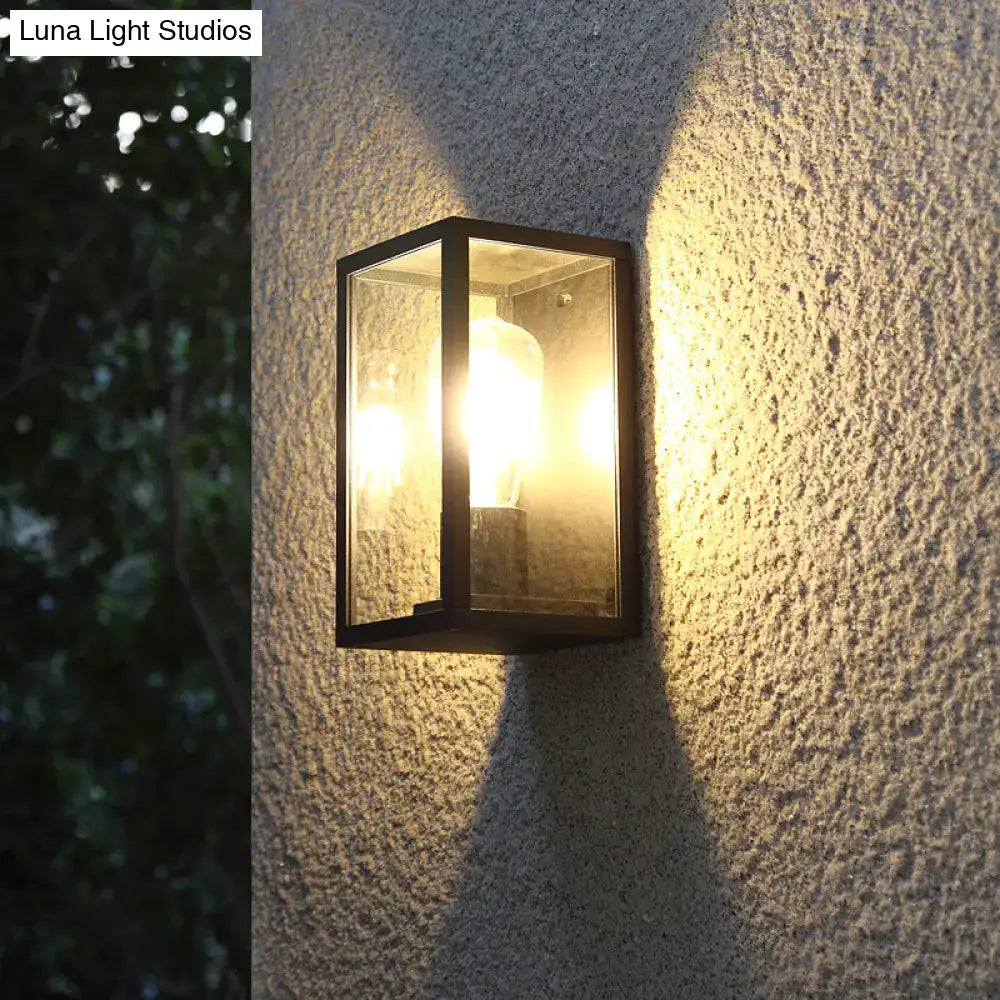 DecorBites™ Modern Black Box Patio Wall Sconce - Transparent Glass, 1-Bulb Lighting Fixture