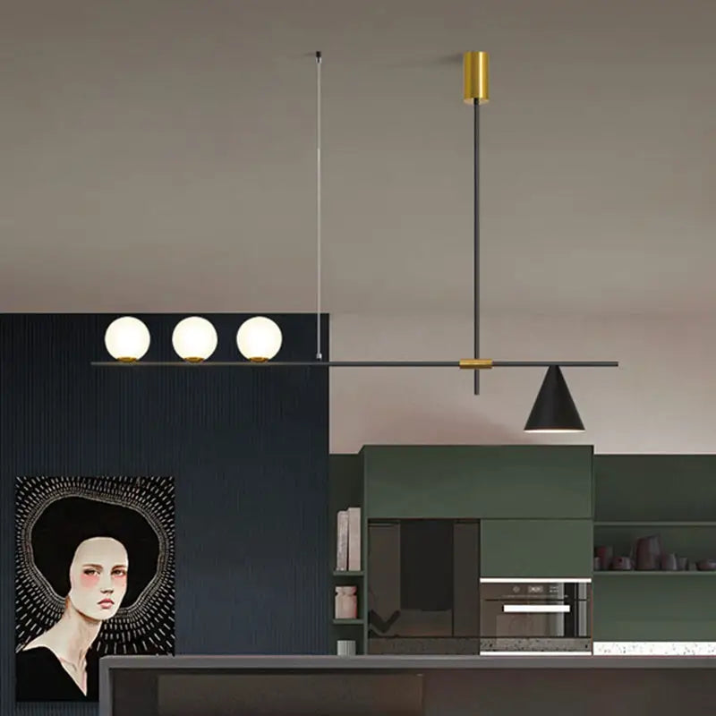 Modern black & brass linear chandelier dining room spherical white glass