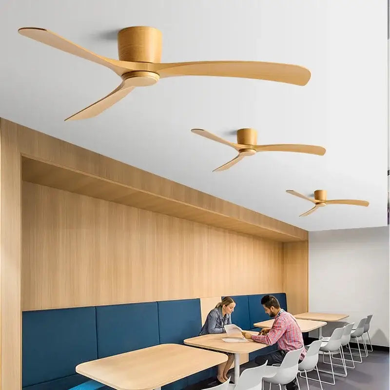 Modern black & brown low profile ceiling fan bedroom with remote