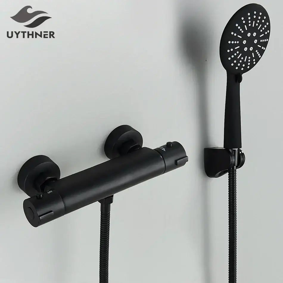 DecorBites™ Black/Chrome Brass Thermostatic Shower Set with Wall Mount - Bathroom Accessories
