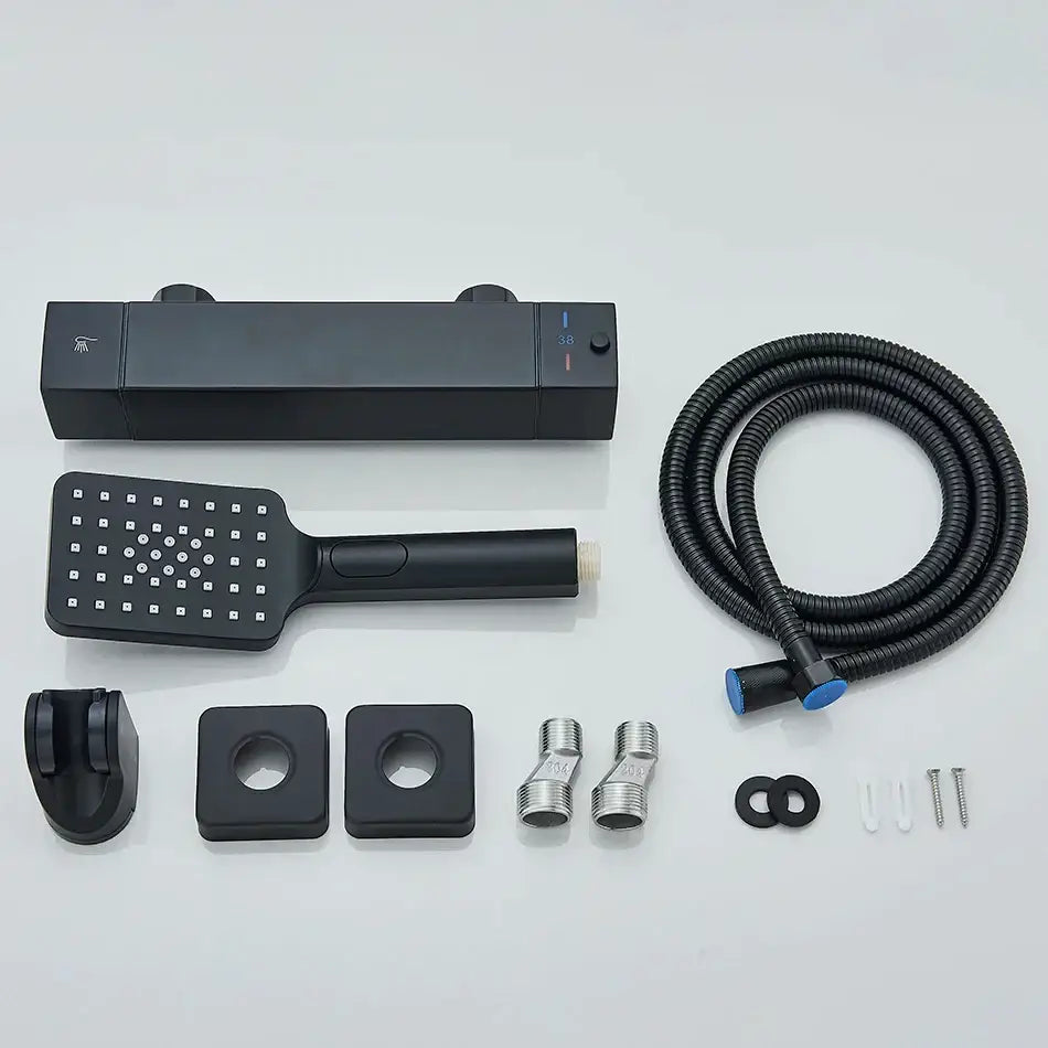 Modern black & chrome thermostatic shower set bathroom rain head