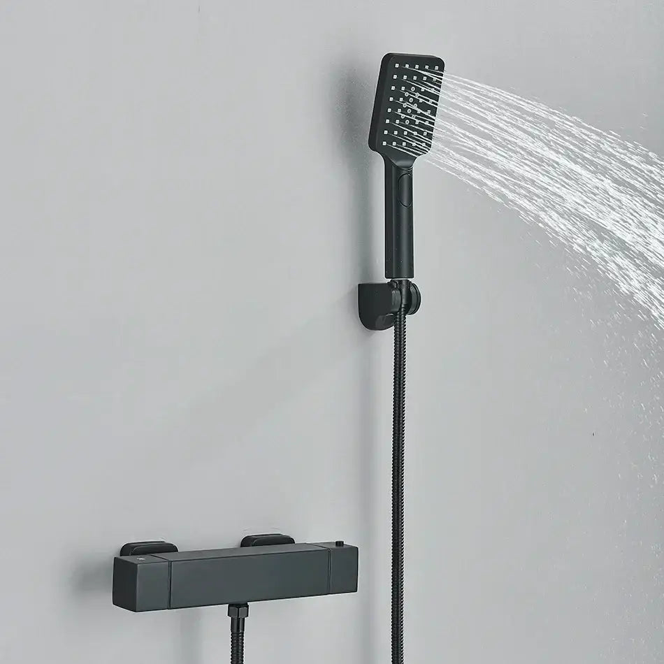 Modern black & chrome thermostatic shower set bathroom rain head