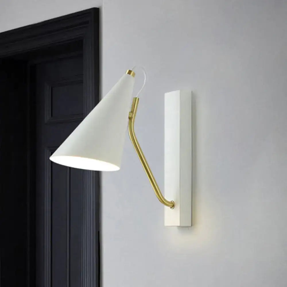 Modern black cone shade wall sconce with brass arm – bedroom light