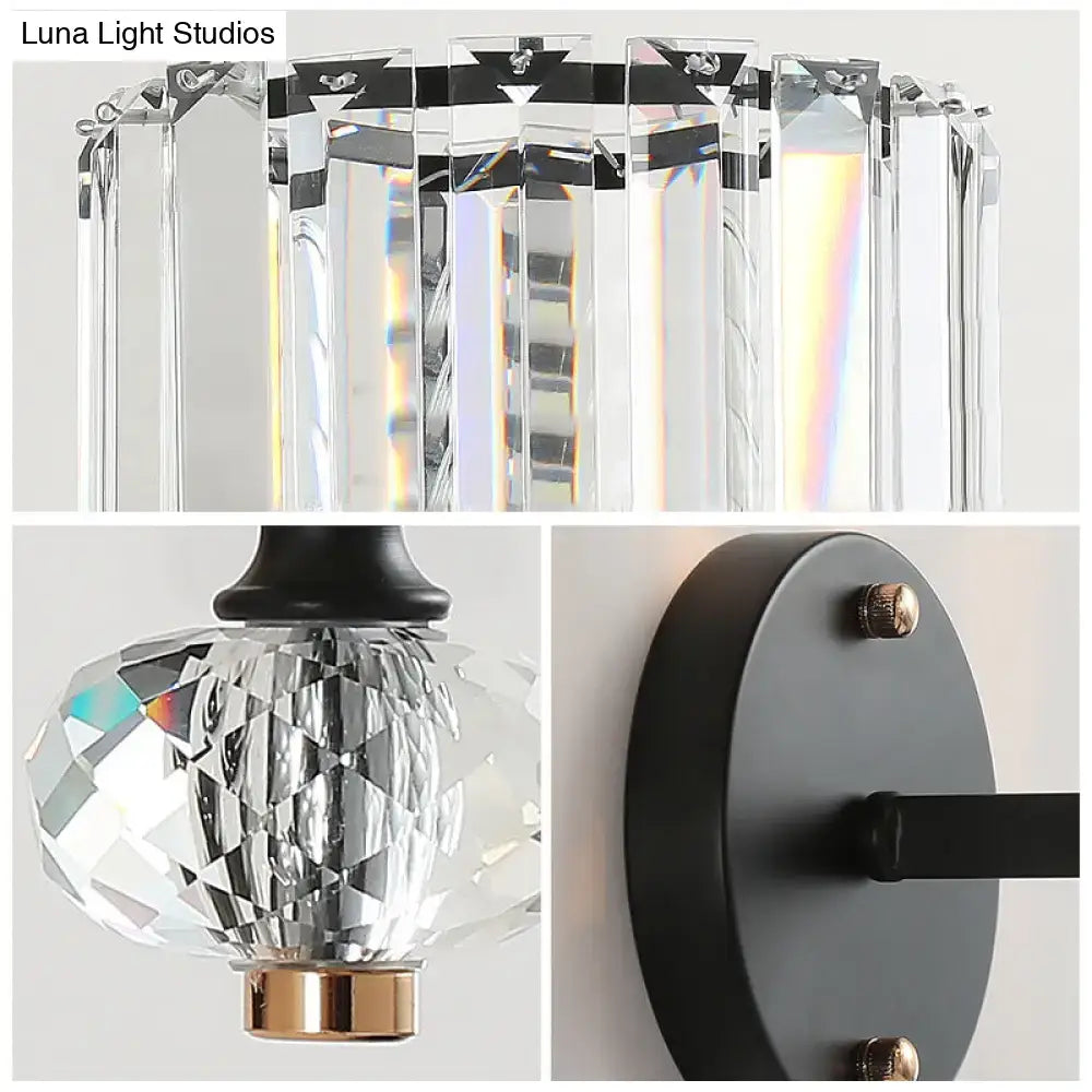 DecorBites™ Modern Black Crystal Wall Sconce for Living Room - Flush Mount Drum Light