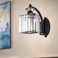 Modern black crystal wall light with curved arm for living room