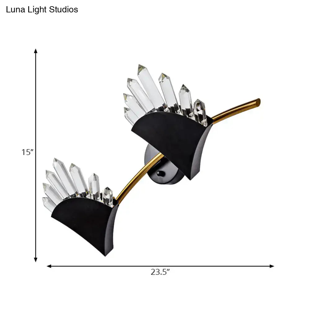 DecorBites™ Contemporary Black Fan Wall Light Fixture - Metal Sconce with Clear Crystal Prism - 1/2-Light
