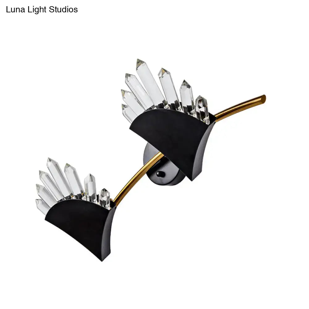DecorBites™ Contemporary Black Fan Wall Light Fixture - Metal Sconce with Clear Crystal Prism - 1/2-Light