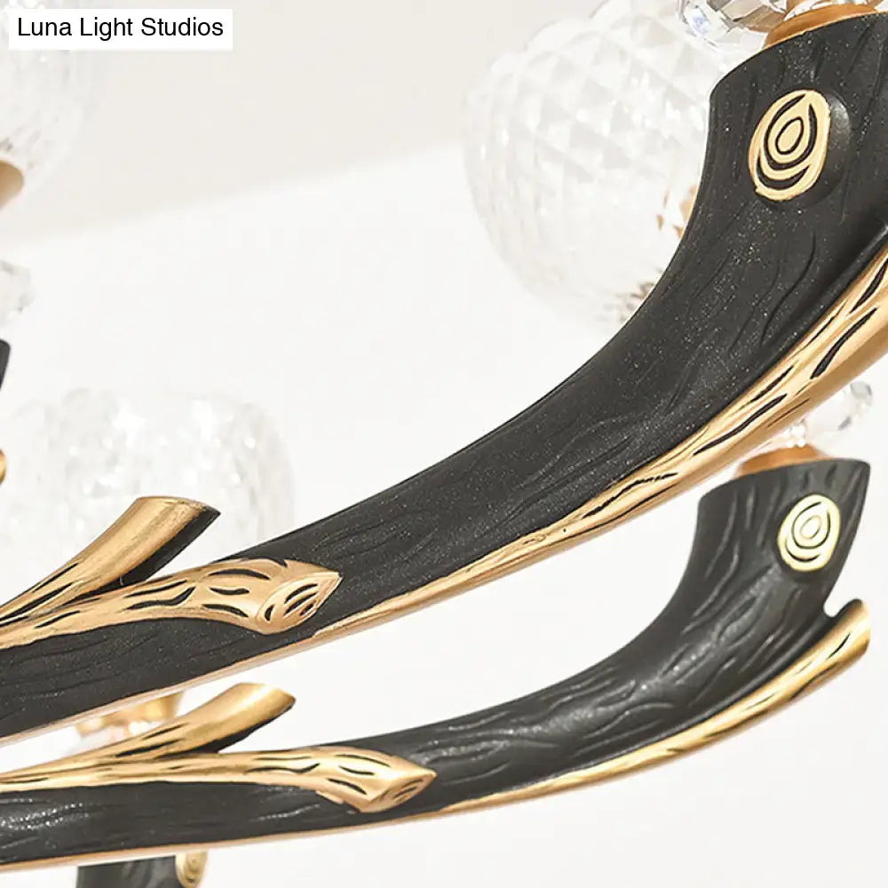 Modern black & gold branch sconce bedroom clear prismatic glass shade