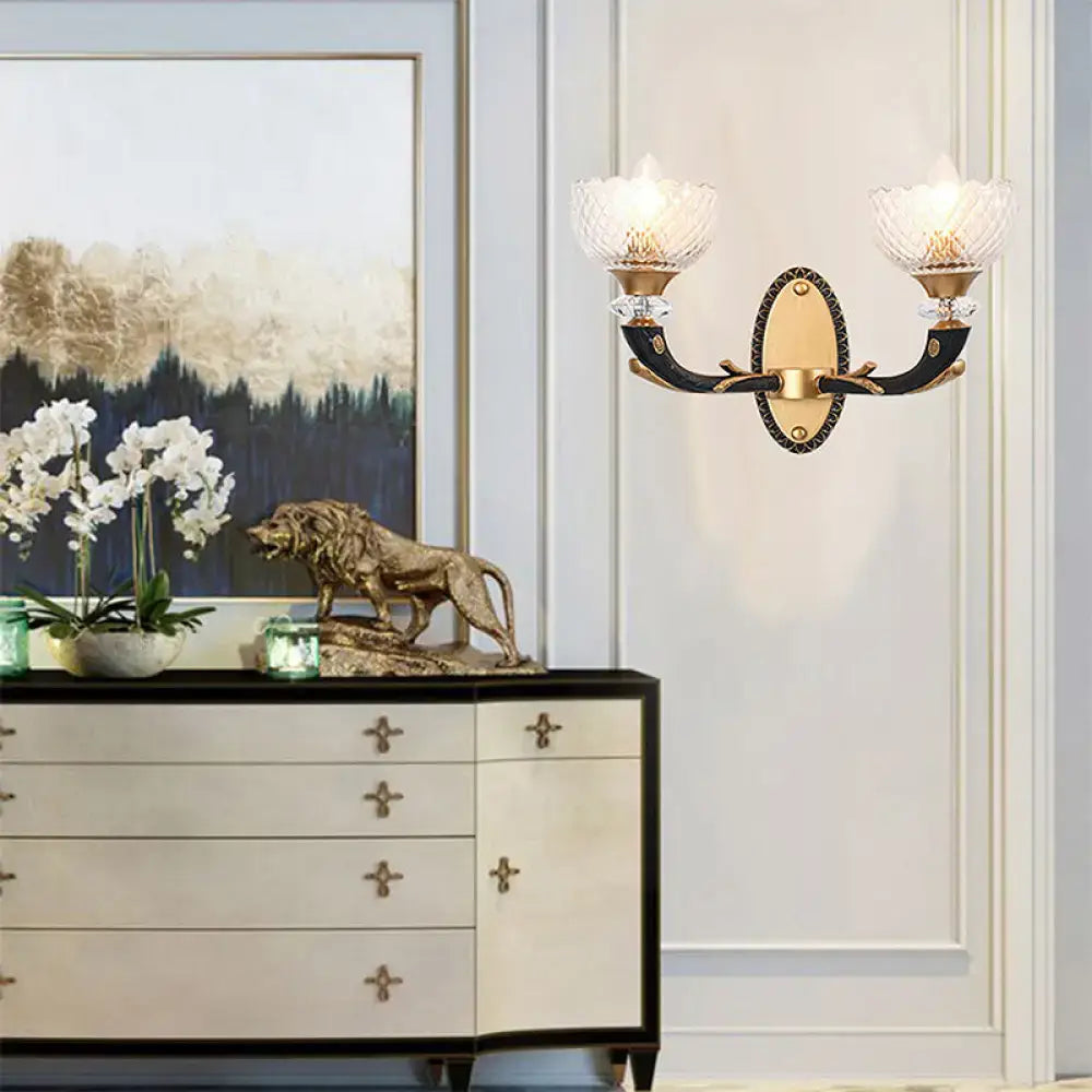 Modern black & gold branch sconce bedroom clear prismatic glass shade