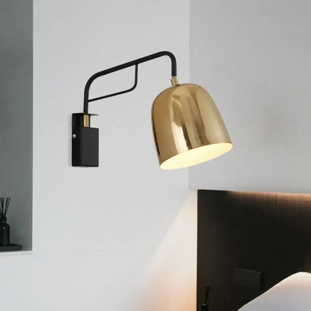 Modern black & gold dome wall sconce bedroom curved arm light