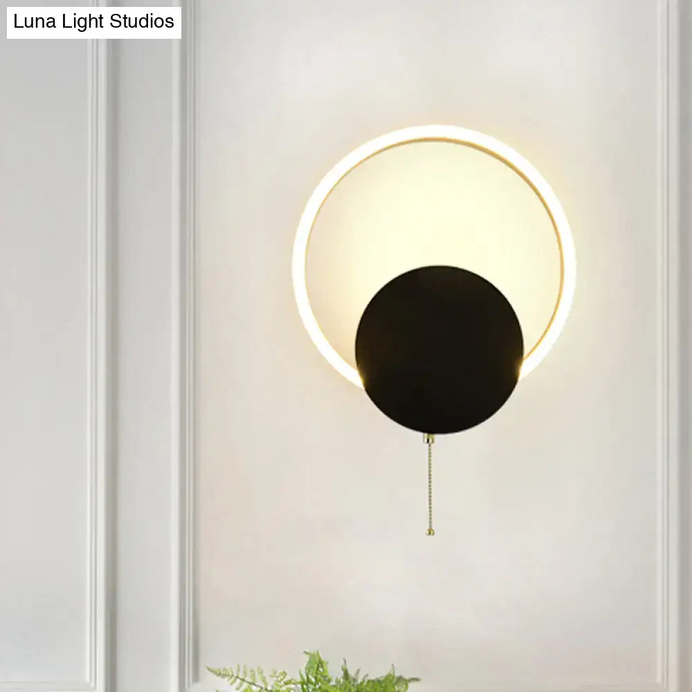 Modern black & gold led bedroom sconce with pull chain 12 inch fixture