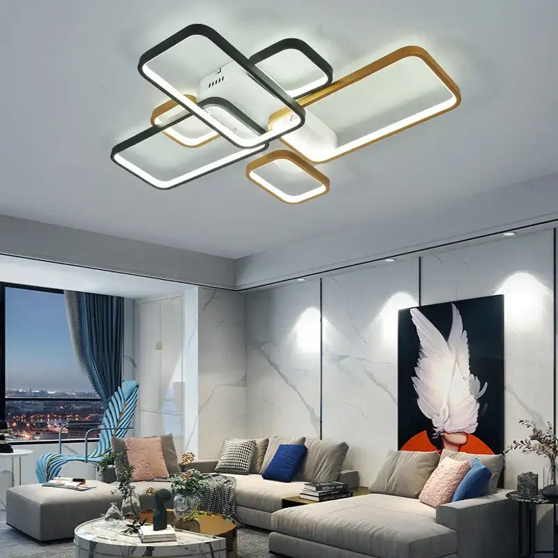 Modern black & gold led chandelier for living room dimmable lighting