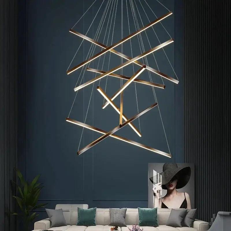 Modern black & gold led stair chandelier living room pendant light