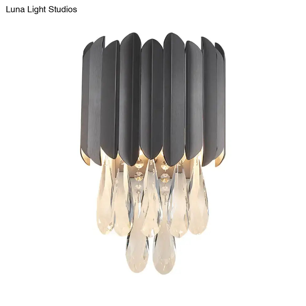 Modern black & gold wall lamp with clear crystal teardrop bedroom sconce