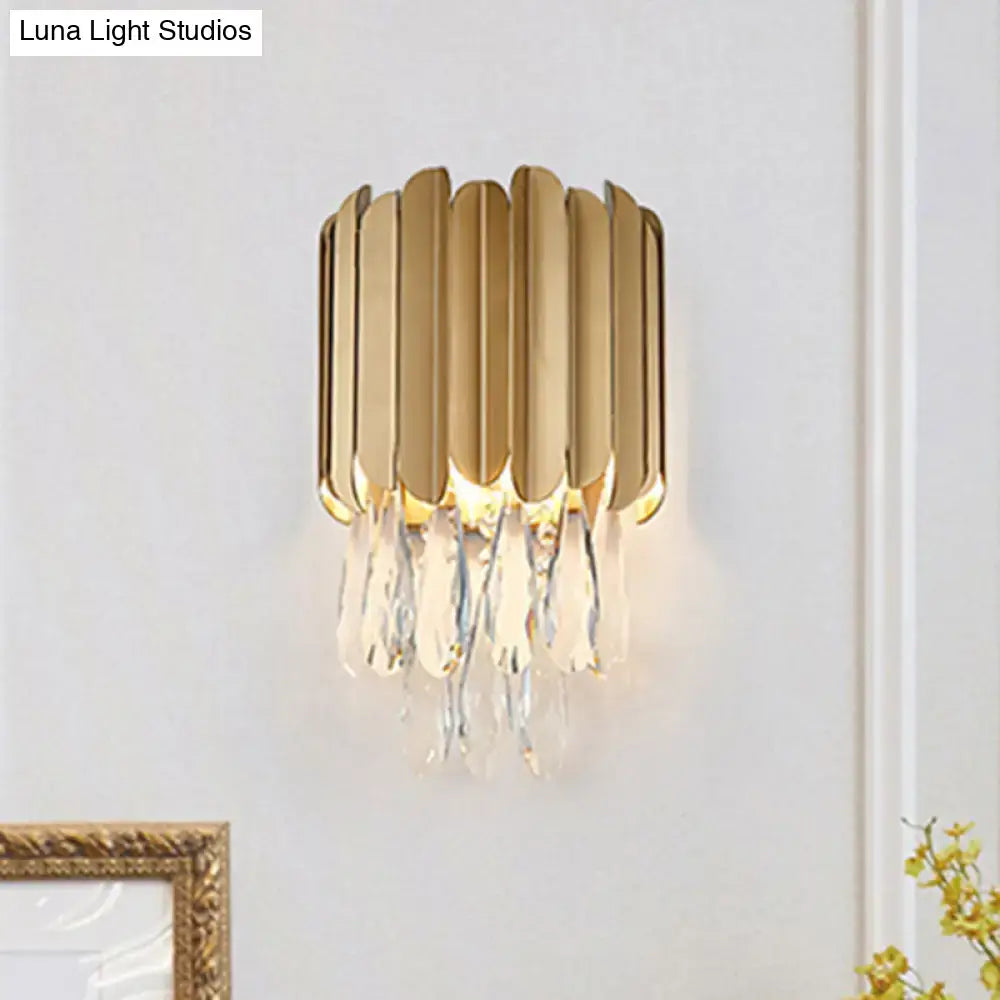 Modern black & gold wall lamp with clear crystal teardrop bedroom sconce