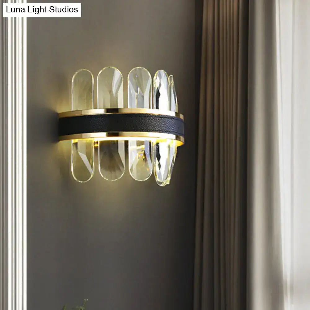DecorBites™ Contemporary LED Wall Sconce in Black - Clear Rectangle-Cut Crystal Half Cylinder Design for Bedside