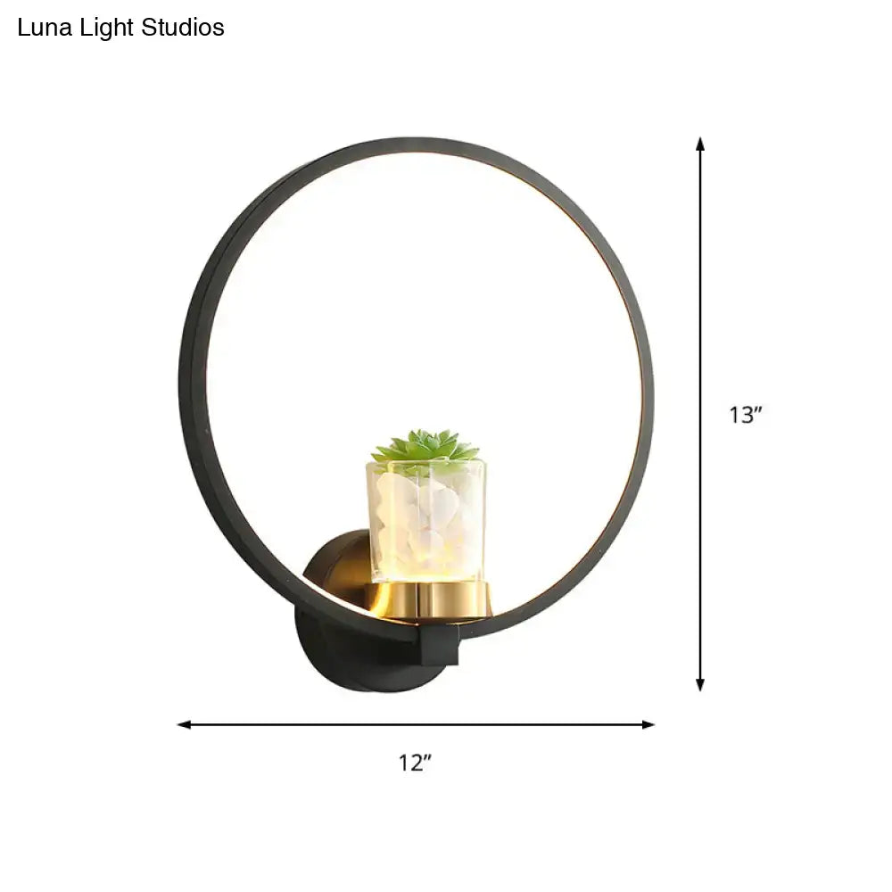 Modern black led light circular wall sconce with plant vase bedroom