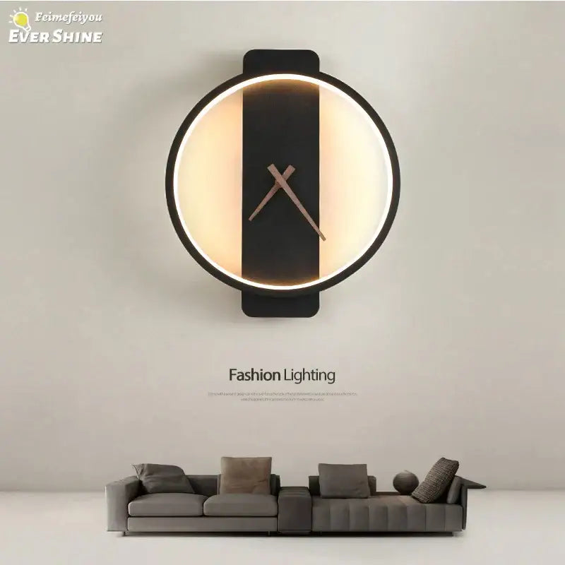 Modern black led wall clock lamp living room minimalist light fixture